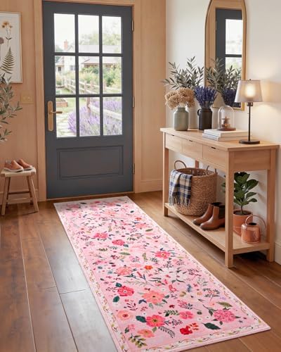 Macgace Floral Area Rug for Hallway, Washable 2x8 Pink Runner Rugs