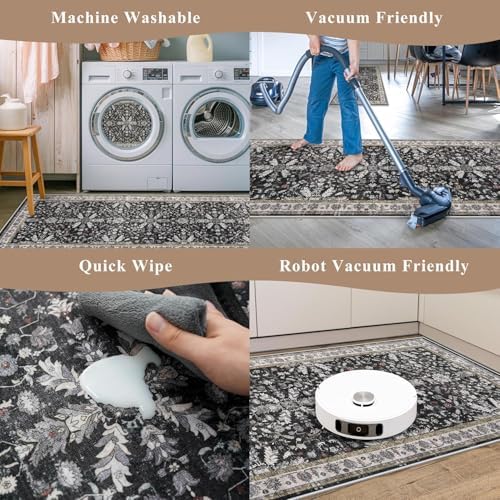 3x5 Kitchen Rug Washable Non-Skid, Boho Indoor Small Throw Area Rugs for Entryway Bedroom Living Room Floor, Soft Stain-Resistant Low-Pile Thin Doormat（Black, 3x5）