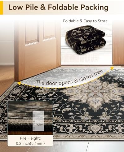 RELEANY Washable Area Rug, 7'x10', Black/Neutral