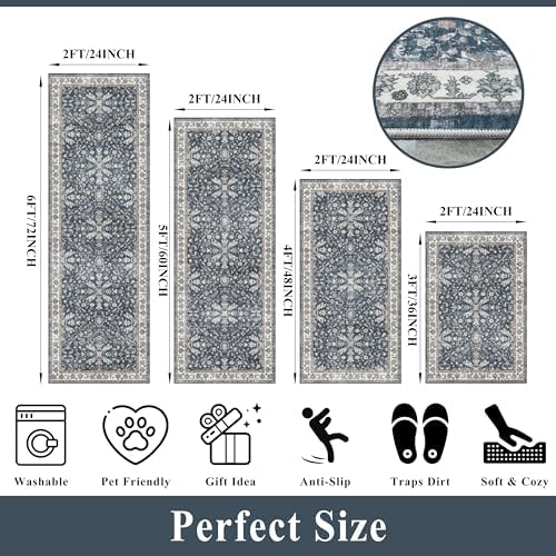 Kitchen Rug Sets 4-Piece with Runner – Washable Non-Slip Floor Mats for Sink, Entryway, Hallway, Bathroom – Soft Low-Pile Thin Boho Floral Rugs, New Home Decor (Blue, 2x3+2x4+2x5+2x6)