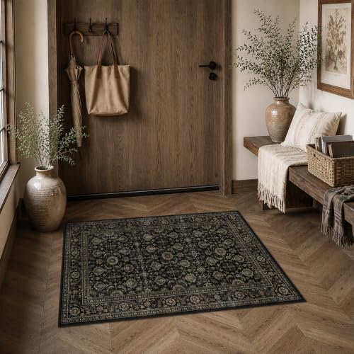 JOOJA 2x5 Black Gold Vintage Floral Low Pile Non Slip Washable Runner Rug
