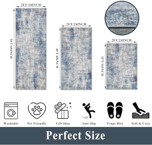 Kitchen Mats for Floor 3 Piece Set, Washable Non-Slip Farmhouse Kitchen Rugs for Hardwood Floor, Rustic Floral Boho Runner Rug for Sink,Entryway & Hallway & Bathroom (Blue/Grey/Ivory,2x3+2x4+2x5)