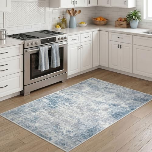 IOHOUZE Abstract Area Rug 3x5 Ft Washable Rugs for Entryway Indoor, Non Slip Kitchen Rug Printed Faux Wool Throw Rugs, Indoor Door Mat for Door Entrance Foyer Living Room, Light Blue Grey