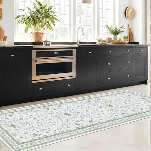 Hazo Haus Oushak Runner 2x10 Hallway Rug - Floral Pastel Boho, Washable Low Pile Non Slip Extra Long Runner Rugs for Kitchen, Hall Way - Cream Blue and Green