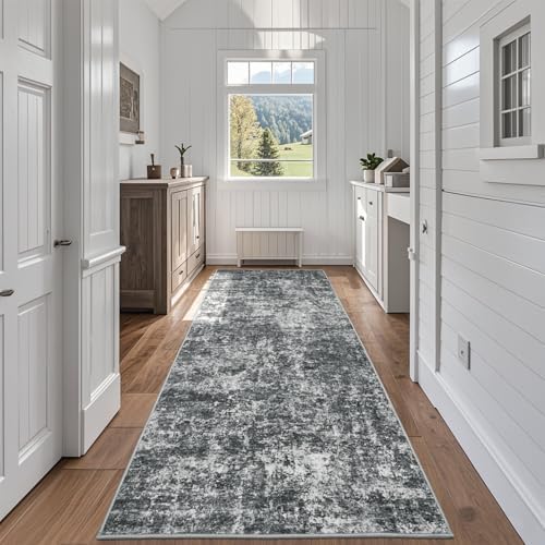 Aelenmu Runner Rugs for Hallways Kitchen 2.6x8 Non Slip Washable Black Grey