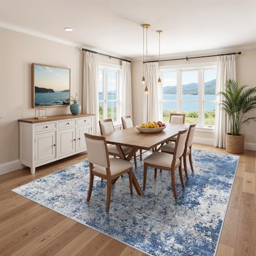 8x8 ft Square Living Room Rug - Washable Modern Neutral Abstract Area Rug for Bedroom, Dining Room, Kitchen Non-Slip Soft Low-Pile Indoor Floor Carpet (Blue Ivory Grey, 8x8)
