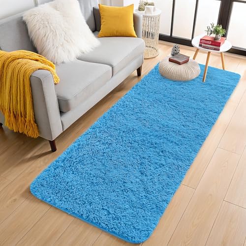 OLANLY 2x5 Machine Washable Runner Rugs for Hallway, Soft Fluffy Shaggy Bedside Rugs for Bedroom, Living Room, Indoor Floor Carpet for Kids Girls and Boys, Home Decor Aesthetic, Bright Blue