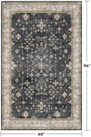Black Modern Farmhouse 5x8 Area Rug for Living Room, Boho Large Entryway Rug, Dark Floor Carpet for Kitchen Under Small Dining Table, Bedroom - Washable Low Pile Waterproof Non Slip & Stain Resistance