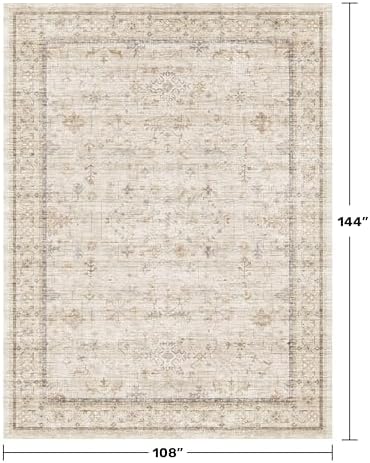 Washabel Lvory Modern Rugs for Living Room, 9x12 Low Pile Floral Carpet for Large Dining Room,Neutral Light Beige Foldable Area Rug for Bedroom, Farmhouse Geometric Pattern, Vintage Home Décor