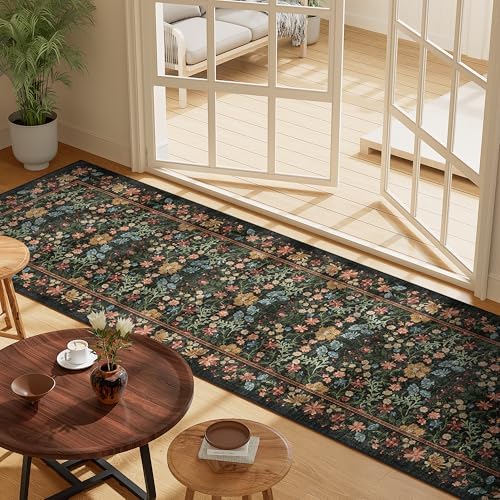 DUKINO 2x10 Runner Rug, Washable Vintage Floral Kitchen Rug, Black