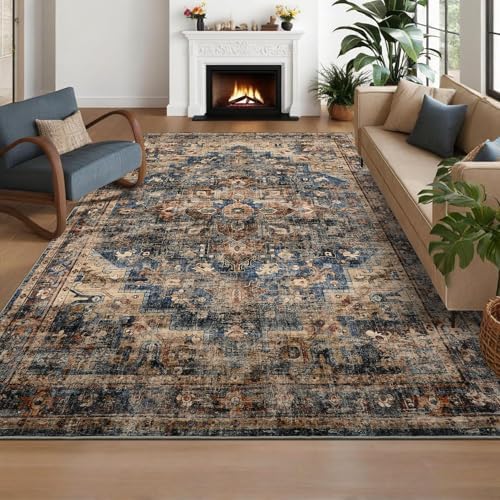 GarveeHome 10x13 Washable Vintage Living Room Blue&Brown Area Rug