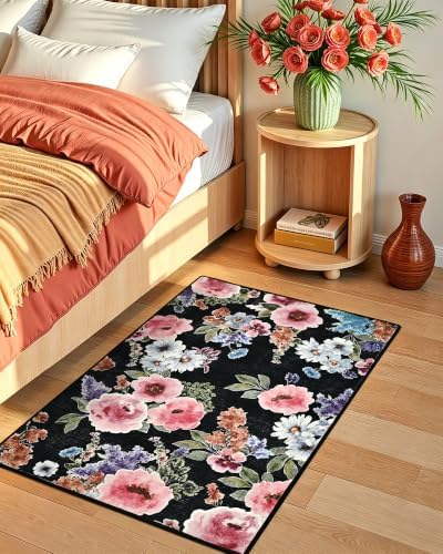 Macgace Floral Area Rug for Entryway, Washable 2x3 Black Small Rugs