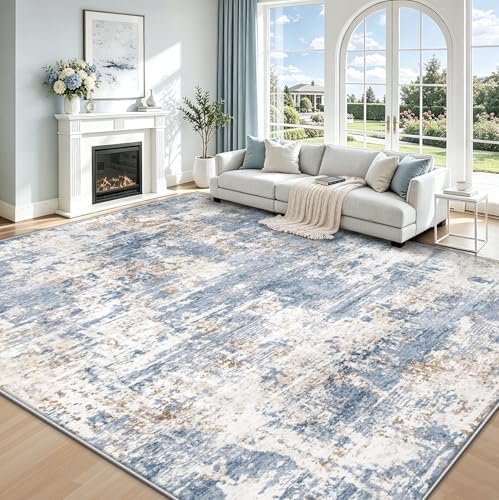 XLUEZ 9x12 Area Rug for Living Room, Washable Modern Abstract Large Area Rug Neutral Soft Non Slip Kids Rug Stain Resistant Indoor Carpet for Bedroom Dining Room Playroom Office(Blue, 9'x12')