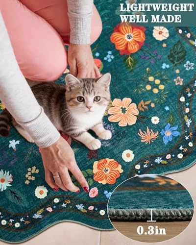 Macgace Floral Round Rug for Girls Bedroom, Washable 5ft Green Area Rugs