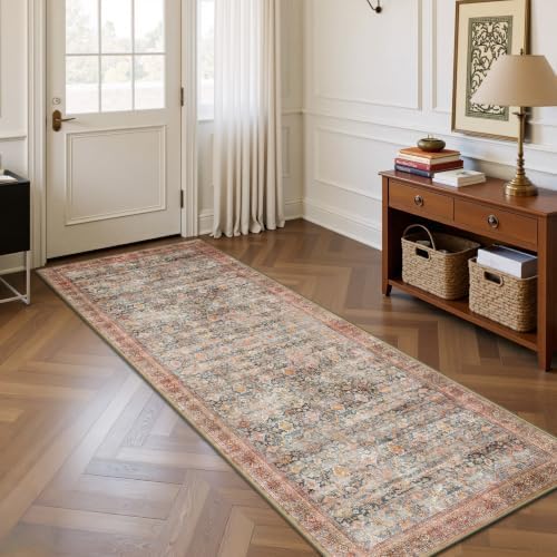 2x6 Hallway Runner Rug, Washable Vintage Retro Long Runner Rugs for Kitchen Laundry, Soft Ultra Thin Non Slip Low Pile Traditional Distressed Boho Carpet for Bedroom Bathroom, Rust Clay