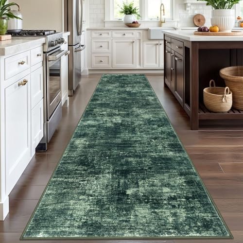 IOHOUZE Abstract Runner Rug 3x12 Ft Washable Runners for Hallways, Non Slip Kitchen Runner Printed Faux Wool Entryway Runner Indoor, Modern Abstract Floor Carpet for Hall Kitchen, Dark Green