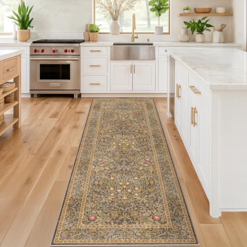 Non Slip 2x8 Gold Brown Long Runner Rug, Washable Runner Rug for Hallway, Bathroom, Entryway Rug, Stain Resistant Kitchen Floor Mat - Vintage Floral Indoor Décor, Low Pile Soft Carpet