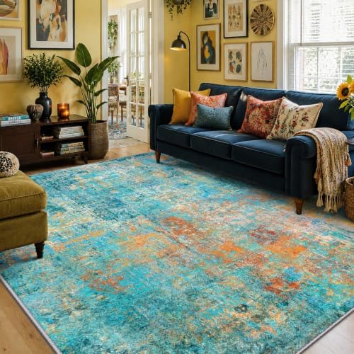RELEANY Washable 5'x7' Abstract Area Rug for Living Room Teal Multi