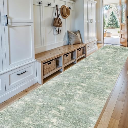 3x20 ft Extra Long Hallway Runner Rug - Non-Slip Washable Floor Runner with Rubber Backing, Modern Low Pile Thin Wide Carpet for Entryway, Kitchen, Living Room（Sage Green, 3x20）