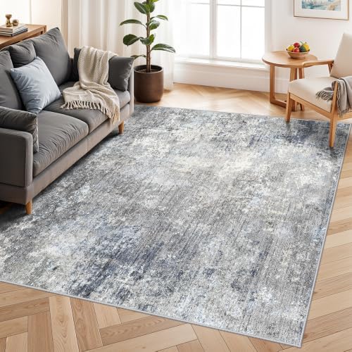 7x7 Square Rug Machine Washable – Modern Neutral Abstract Non-Slip Area Rug for Dining Room Living Room Kitchen Bedroom – Low-Pile Accent Indoor Carpet (Blue Grey, 7x7)