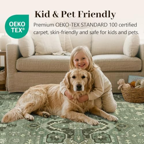 8x10 Ft Large Area Rugs for Living Room, Soft Non-Slip Machine Washable Rug, Vintage Stain Resistant Carpets for Bedroom Nursery Dining Room Home Decor (Green)