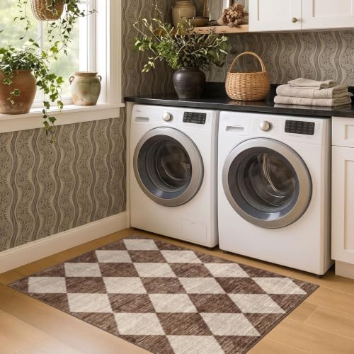 Brown Beige Checkered Entry Rug - 3x4 Non-Slip Washable Indoor Outdoor Front Door Mat Porch Rug Farmhouse Diamond Throw Carpet for Living Room Bedroom Entryway Kitchen Office Fall Porch Decor