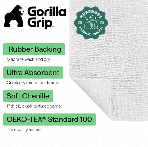 GORILLA GRIP Bath Rug Mat for Bathroom, Absorbent Chenille, 60x24 White
