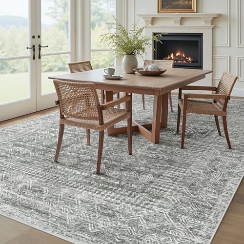 Living Room Rugs 8x10: Washable Moroccan Geometric Boho Rug Farmhouse Non Slip Stain Resistant Large Rug Low Pile Soft Carpet for Bedroom Dining Room Children Room (Grey,8'x10')