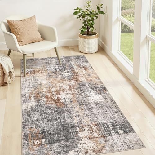 DMOYEST Washable Area Rug: 3x5 ft Abstract Small Rugs for Entryway Kitchen Living Room Bedroom - Non Slip Modern Neutral Carpet Indoor Front Door - Grey Brown