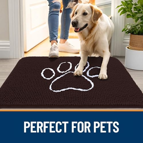 OLANLY Dog Door Mat for Muddy Paws 47x24, Paw Print Design Chenille Mud Mat