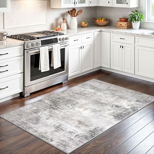 IOHOUZE Abstract Area Rug 3x5 Ft Washable Rugs for Entryway Indoor, Non Slip Kitchen Rug Printed Faux Wool Throw Rugs, Indoor Door Mat for Door Entrance Foyer Living Room, Grey Beige