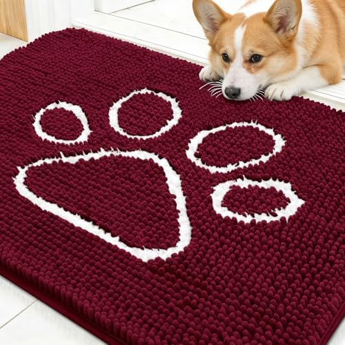 OLANLY Dog Door Mat for Muddy Paws 30x20, Paw Print Design Chenille Mud Mat