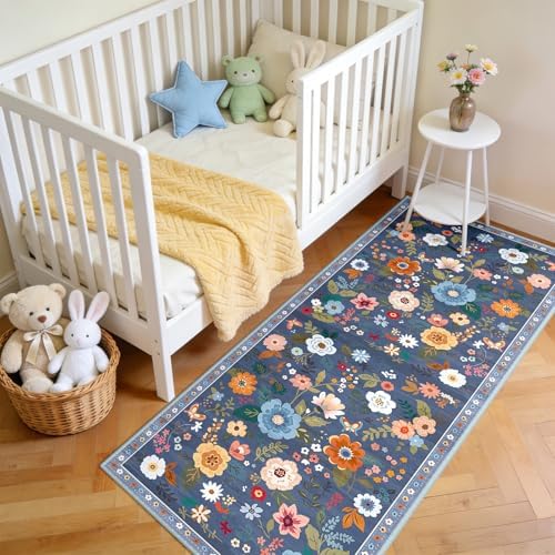 Floral Washable 2x5 Area Rugs Runner Entryway Hallway Blue/Grey