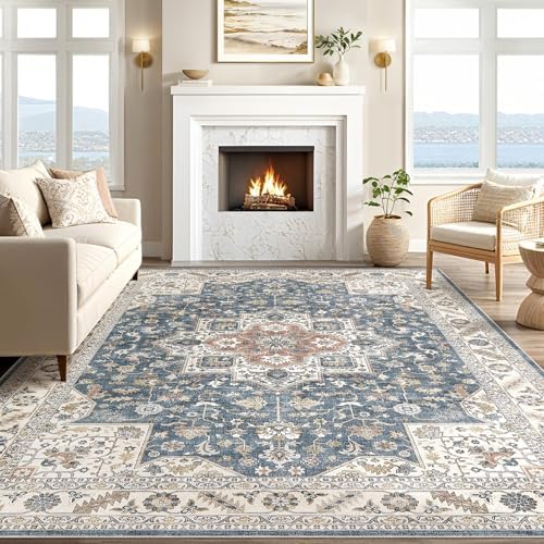 cotiled 5x8 Area Rug for Living Room, Washable, Traditional, Vintage Blue