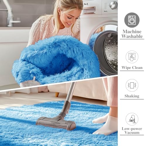 OLANLY 2x6 Machine Washable Runner Rugs for Hallway, Soft Fluffy Shaggy Bedside Rugs for Bedroom, Living Room, Indoor Floor Carpet for Kids Girls and Boys, Home Decor Aesthetic, Bright Blue