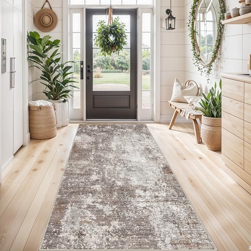 4x8 Area Rug for Indoor Entrance– Non-Slip Washable Door Mat for Entryway Kitchen Hallway Bedroom – Modern Abstract Low-Pile Thin Wide Rubber Backed Floor Mats (Brown Beige, 4x8)