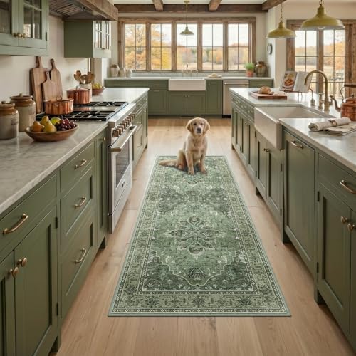 RELEANY Washable Area Rug, Runner 3'x6', Green/Dark Green/Gray