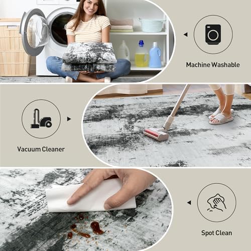 2'6''x8' Runner Rugs Washable Rug: Modern Abstract Black White Grey Carpet