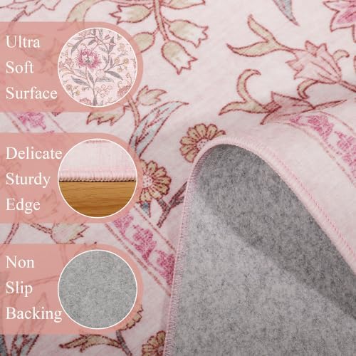 DUKINO 2x3 Rug, Washable Vintage Floral Bathroom Rugs Non Slip, Pink