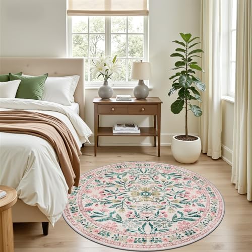 PLHXFR Round Area Rug Living Room: 4 ft Floral Washable Carpet Pink Green