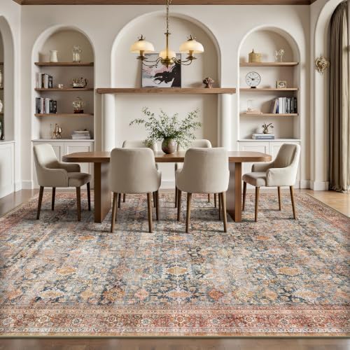 10x14 Area Rugs for Living Room - Washable Vintage Retro Large Rug, Soft Ultra Thin Non Slip Low Pile Traditional Distressed Boho Carpet for Bedroom Dining Room Home Office, Rust Clay