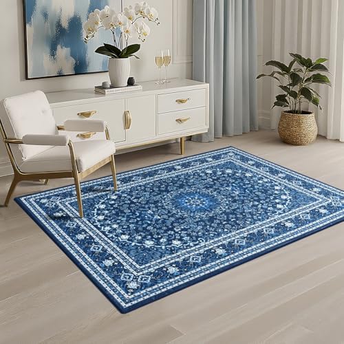 Lessymo 3 x 5 Area Rugs for Living Room, Washable Boho Carpets Blue White