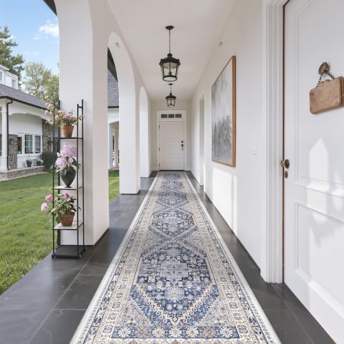 zesthome 3x14 Runner Rug Non Slip,Washable Hallway Runner Rug,Blue