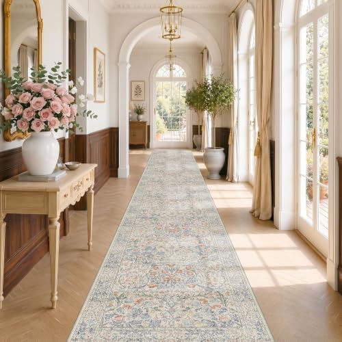 Washable 3x20 Wide Hallway Runner Rug - Beige Blue Ultra Soft Extra Long Runner Non Slip, Low Pile Stain Resistant Boho Pastel Rug for Large Kitchen, Entryway