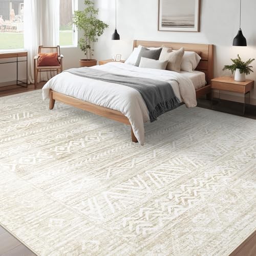 10x12 Area Rugs for Living Room: Washable Moroccan Geometric Boho Rug Farmhouse Non Slip Stain Resistant Large Rug Low Pile Soft Carpet for Bedroom Dining Room Children Room (Ivory Beige,10'x12')