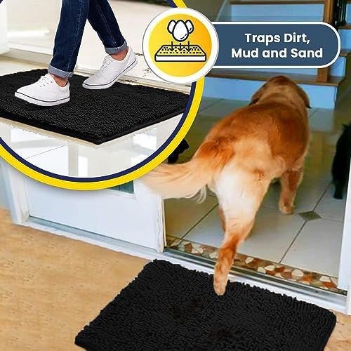 Muddy Mat® | Super Water Absorbent Door Mat Indoor, Microfiber Quick Dry Chenille Entryway Rug, Slip Resistant Front Door Mat, Indoor Mats for Entryway, Machine Washable Pet Rug, Black 36"x60"