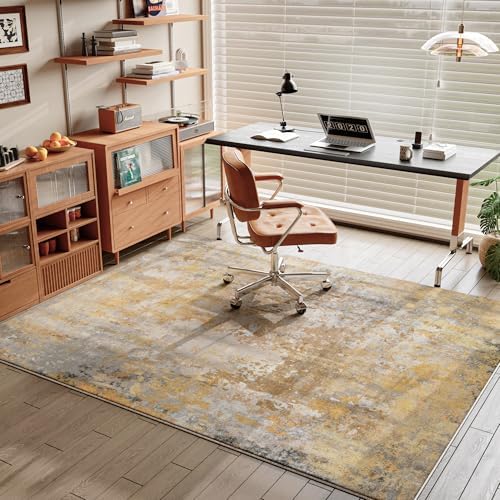 Beige Gold Washable Rug 6x9 Area Rugs for Living Room Bedroom Carpet, Indoor Vintage Abstract Boho Large Rug Non Slip Faux Wool Rugs for Dorm, Dining Room Table, Nursery, Kids Playroom