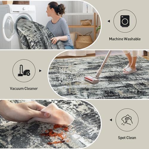2'6''x8' Runner Rugs Washable Rug: Modern AbstractBlack Grey Gold Carpet