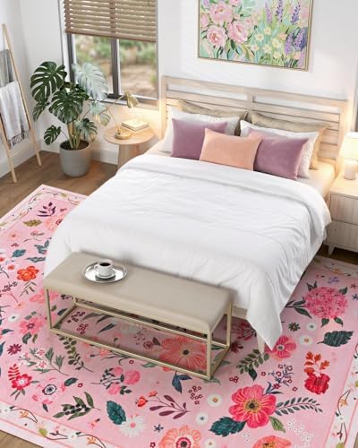 Macgace Floral Area Rug for Living Room, Machine Washable 5x7 Pink Rugs