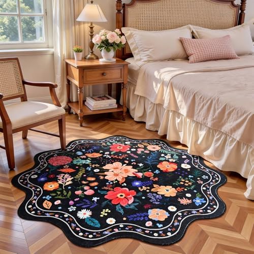 Macgace Floral Round Rug for Girls Bedroom, Washable 4ft Black Area Rugs